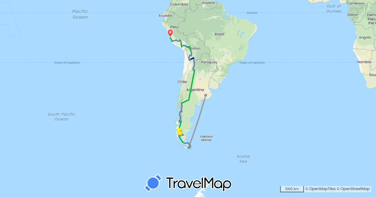 TravelMap itinerary: driving, bus, plane, cycling, hiking, boat in Argentina, Bolivia, Chile, Peru (South America)